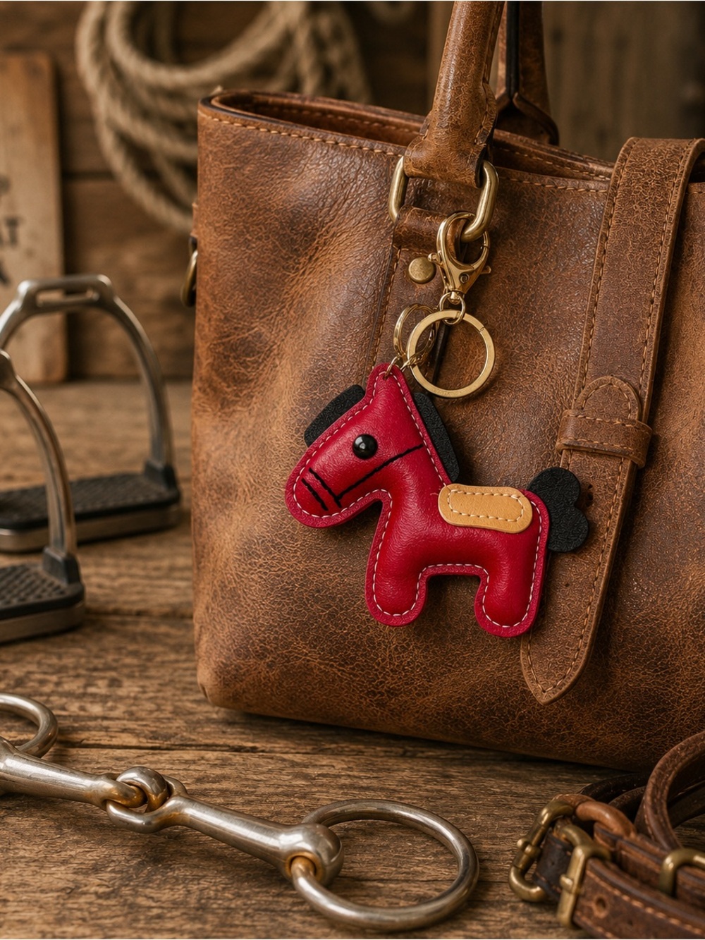 Red Faux Leather Horse Keychain Bag Charm with Gold Clip